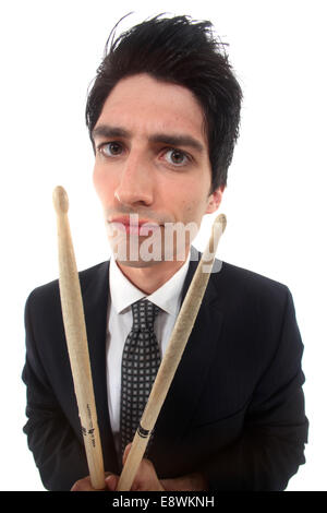 distorted image of man in suit with drumsticks Stock Photo