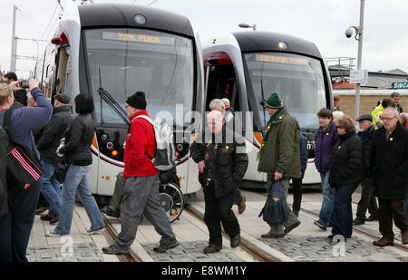 Members of the public take part in Exercise Salvador. The first full passenger test of the Edinburgh Trams. Stock Photo