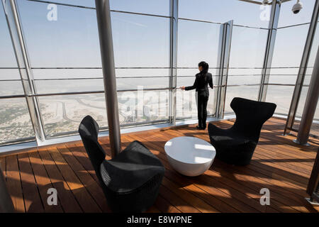 Dubai, United Arab Emirates. 15th October, 2014;  The world's highest public outdoor observation deck opened today in the Burj Khalifa tower in Dubai. At level 148 in the tower and at a height of 555m, At the Top Sky is 23 floors higher than the existing observation deck and offers visitors special VIP lounges during the visit. Credit:  Iain Masterton/Alamy Live News Stock Photo