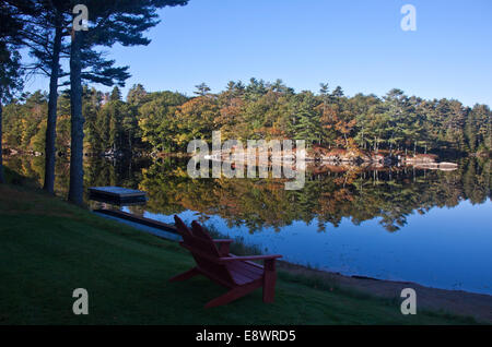 West Harbor Pond in Boothbay Harbor, Maine, on a still October morning Stock Photo