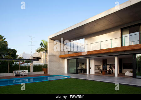 Double height balcony facade and swimming pool of D House, Israel, Middle East. Stock Photo