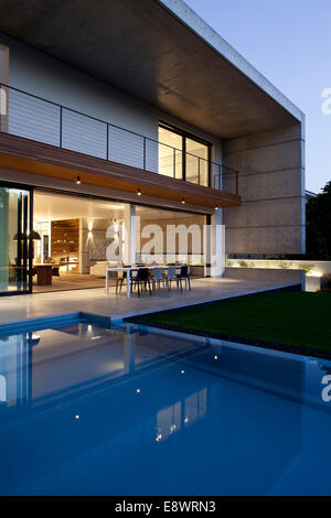 Double height balcony facade and swimming pool of D House, Israel, Middle East. Stock Photo