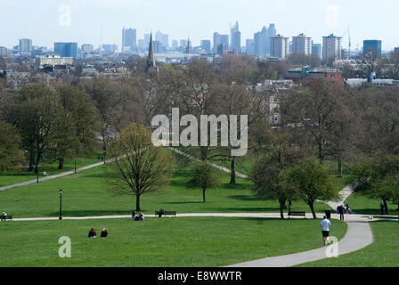 View over central London and the City from the top of Primrose Hill, London NW1, England Stock Photo