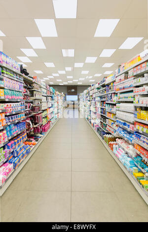 Grocery store aisle and fluorescent lighting Stock Photo