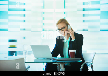Businesswoman talking on phone and using computer Stock Photo
