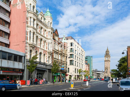 View down High Street towards the Albert Memorial Clock in Queens Square, Belfast, Northern Ireland, UK Stock Photo