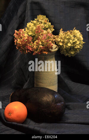 Still life, orange,eggplant and hydrangeas Stock Photo