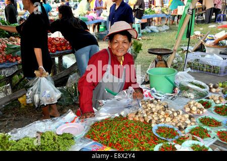 KANCHANABURI, THAILAND: Woman selling mushrooms and both red and green chili peppers at the Monday Patanakan Road outdoor market Stock Photo