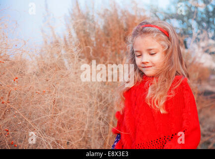 Girl in a red poncho on a background of autumn landscape Stock Photo