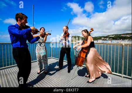 The Solem String Quartet performing on the pier as part of  Musicfest 2014, Aberystwyth Wales UK Stock Photo