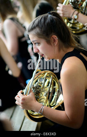 Young musicians of The London Schools Symphony Orchestra preparing to perform at Aberystwyth MusicFest 2014 Stock Photo