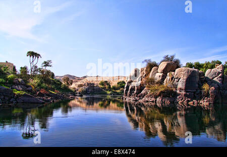 Landscape of  the south of Aswan -Egypt . the First Cataract on the Nile Stock Photo