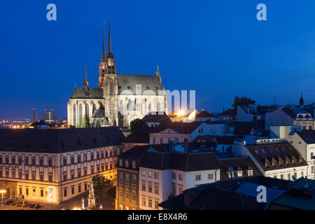 Brno overview with illuminated cathedral.  Czech Republic Stock Photo