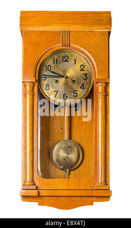 Antique wooden horizontal wall pendulum clock isolated on white background. File contains a clipping path. Stock Photo