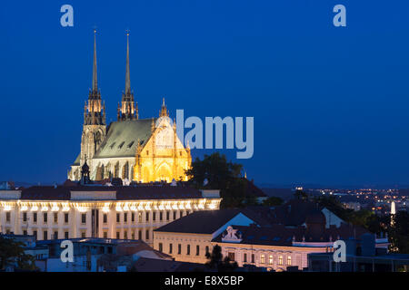 Brno overview with illuminated cathedral.  Czech Republic Stock Photo