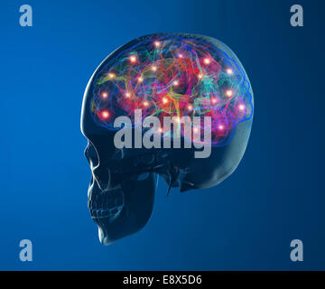 3D brain neurons synapse in skull Stock Photo