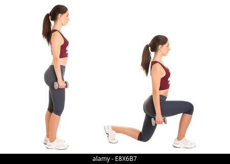 Woman doing lunges isolated in a white background Stock Photo