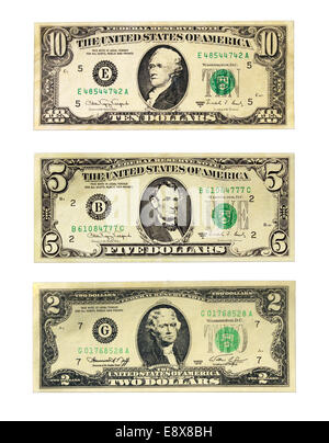 Banknotes of the American dollars face value 2, 5 and 10 dollars isolated on a white background Stock Photo
