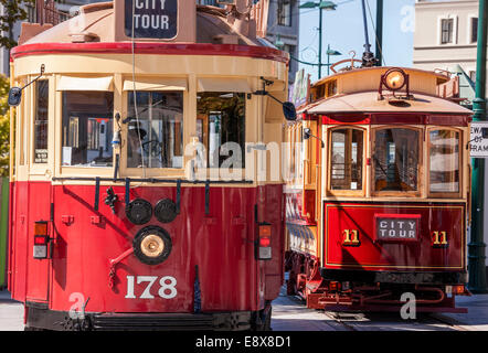Christchurch Tramway City Tour trams streetcars trolleys trolley cars on Cathedral Square Christchurch New Zealand in March 2014 Stock Photo