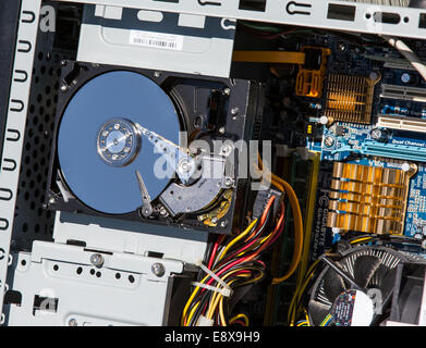 A close-up of hard disk data storage drive in a PC home computer from 2007 Stock Photo