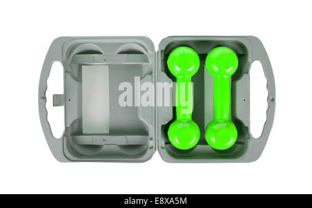 Green dumbbells in a grey case, isolated on white Stock Photo