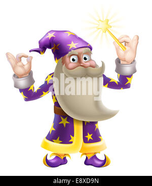 An illustration of a cartoon wizard character doing an okay or perfect gesture and waving a magic wand Stock Photo
