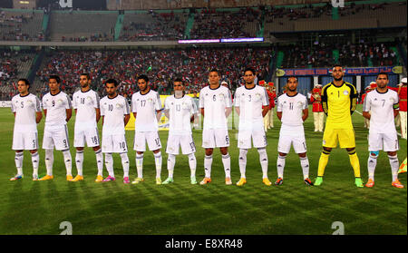 Cairo, Egypt. 15th Oct, 2014. Egypt's players line-up prior to their Africa Cup of Nations 2015 qualifying football match against Botswana at Cairo stadium in the Egyptian capital on October 15, 2014. Egypt won the match with 2-0 Credit:  Amr Sayed/APA Images/ZUMA Wire/Alamy Live News Stock Photo