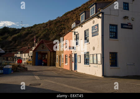 Quaint sunlit buildings (with lifeboat station) nestle by the harbour under high cliffs, in seaside village of Staithes, North Yorkshire, England, UK. Stock Photo