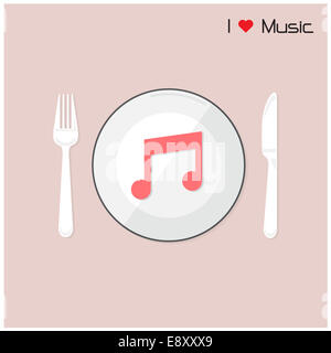 Creative music note sign on disk with fork and spoon. I love music concept. Stock Photo