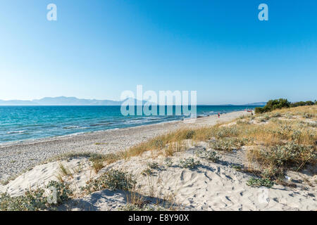 Empty beach, sand dunes and Mediterranean Sea, panoramic view, Mastichari, Kos, Greece Stock Photo