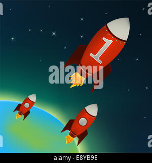 Red Rockets flying in outer space Stock Photo