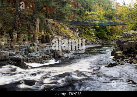 Wynch Bridge and the River Tees in Autumn, Upper Teesdale County Durham England UK Stock Photo
