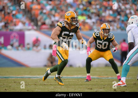 Miami Gardens FL, USA. 12th Oct, 2014. Clay Matthews #52 of Green Bay in action during the NFL football game between the Miami Dolphins and Green Bay Packers at Sun Life Stadium in Miami Gardens FL. The Packers defeated the Dolphins 27-24. © csm/Alamy Live News Stock Photo