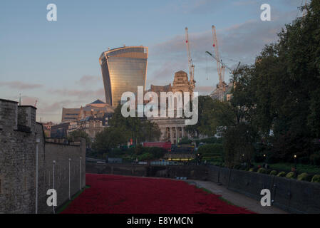 London skyline with building known as the Walkie Talkie in the distance and the red poppies at the Tower of London foreground Stock Photo