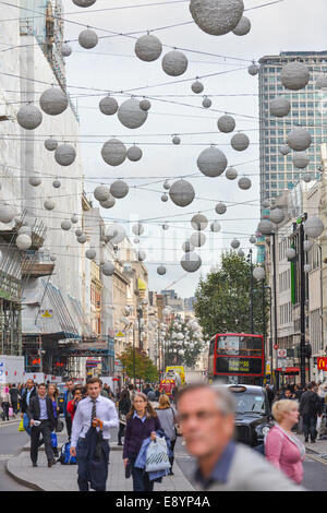 Oxford Street, London, UK. 16th October 2014. The Christmas decorations have already been put up on London's Oxford Street, two weeks before Halloween. Credit:  Matthew Chattle/Alamy Live News Stock Photo