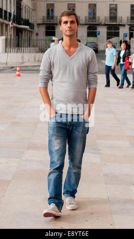 A chic showgoer arriving at the Michal Szulc Spring/Summer 2015 runway show in Lisbon, Portugal - Oct 11, 2014 - Photo: Runway Manhattan/Celine Gaille Stock Photo