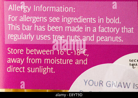 Allergy information on bar of Gnaw Go Bananas chocolate bar Stock Photo