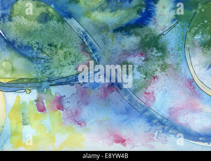 Green, yellow and blue watercolor background. Grungy natural art background texture in watercolor with swirls, splashes and salt Stock Photo