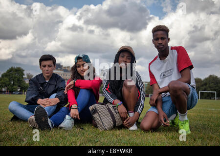 Group of Teens pose for image on Clapham Common - London UK Stock Photo