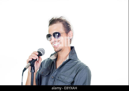 Handsome european singer on the white background Stock Photo