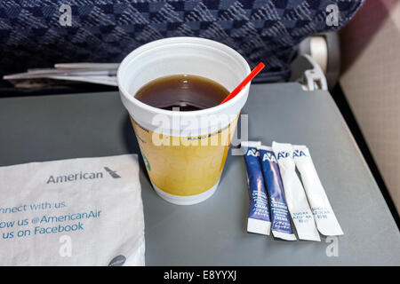 Saint St. Louis Missouri,Lambert-St. Louis International Airport,STL,American Airlines,AA,aircraft,cabin,onboard,flight,economy seat,service,coffee,ba Stock Photo