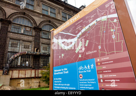 Saint St. Louis Missouri,North Riverfront Trail,Mississippi River,Trailhead Center,Union Electric Company,power plant,historic building,sign,map,MO140 Stock Photo