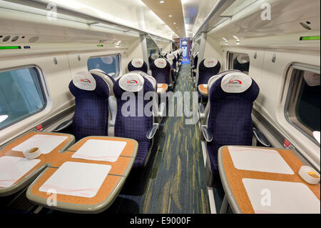 The inside of an empty First Class carriage of a Virgin Pendolino train (Editorial use only). Stock Photo