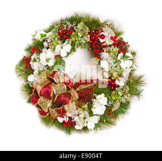 Holiday Wreath: This Holiday Wreath isolated against a white background creates a beautiful and elegant Holiday image. Stock Photo