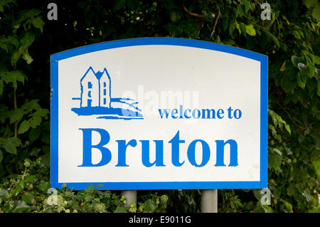 Road sign on approach to Somerset village of Bruton UK Stock Photo