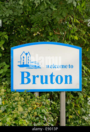 Road sign on approach to Somerset village of Bruton UK Stock Photo