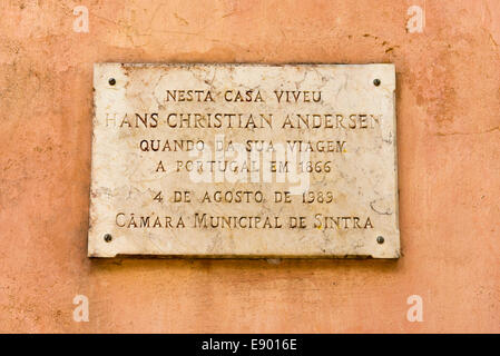 Portugal Sintra plaque marking home house of Hans Christian Andersen in 1866 Stock Photo