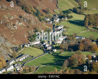 Aerial view of the Lakeland village of Chapel Stile, Great Langdale, Lake District, Cumbria, England, UK Stock Photo
