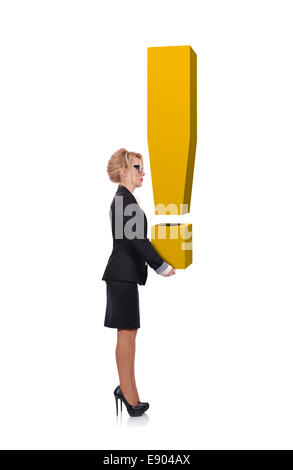 young businesswoman holding big gold  exclamation mark Stock Photo