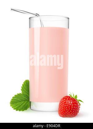 Glass of strawberry milkshake isolated on white Stock Photo